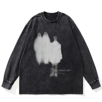 Streetwear Shadows Graphic Washed Black T-Shirt Algodão Unissex Plus Size Mangas Compridas T-Shirt