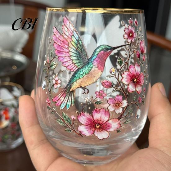 Artistic Kitchen Tableware Hummingbird Joy Tea Cup, Colorful Animal Tumbler, Floral Glass Ritual Sense Drinkware Golden Rim, Water for Coffee