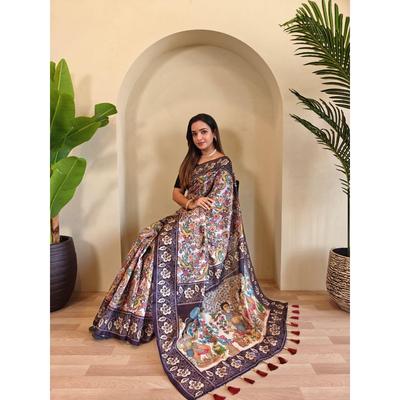 Soft Cotton  Chanderi Sarees with Kalamkari Digital Print Pattern Tassels Over the Saree.