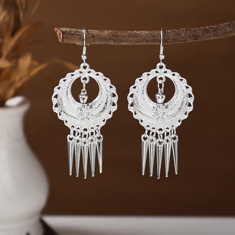 Ethnic Miao Silver Tassel Earrings - Retro Long Dangle Scenic Studs for Women