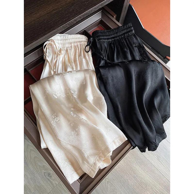 

Женские атласные драпированные двухцветные жаккардовые брюки широкого покроя из шёлка Ice Silk XXXL 145-160