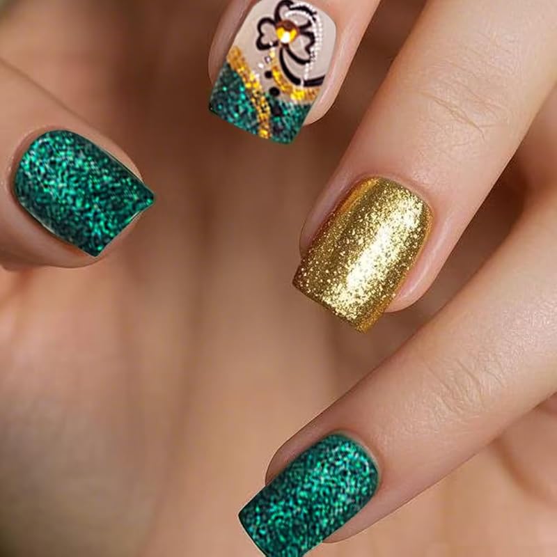 JUHUI Flower Press on Nails Short Square False Nails with Floral Design Orange Purple French Tip Nails 24Pcs