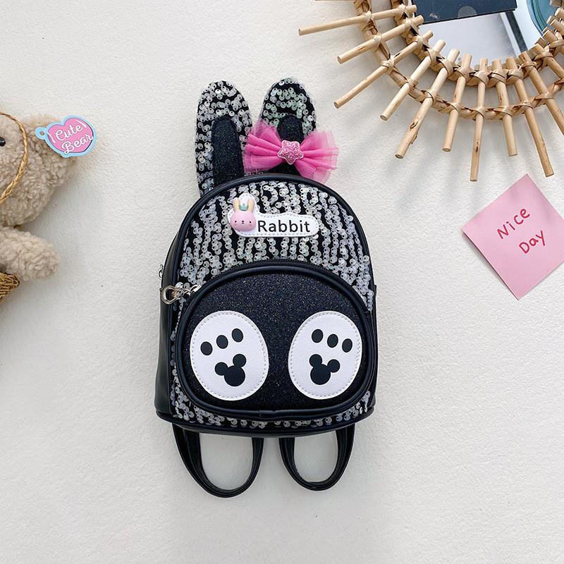 Adorable Bunny Ear Cartoon Kids Backpack Stylish Korean Design Sequin Pu Material