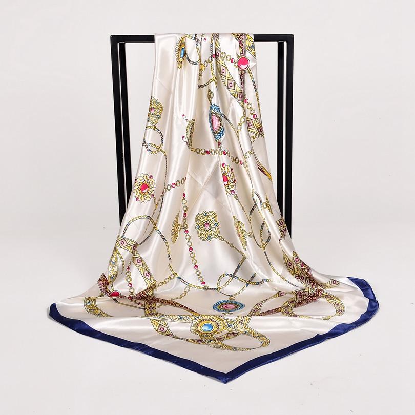 [BYSIFA] Navy Blue Chinese Roses Large Square Scarves New Female Elegant Large Silk Scarf Fashion Ladies Accessories 90*90cm