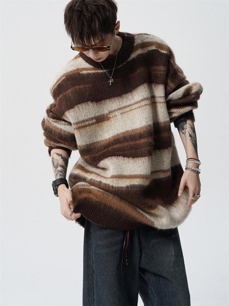 Unisex Mohair Round Neck Color Block Stripe Sweater - Autumn/Winter Casual Loose Fit