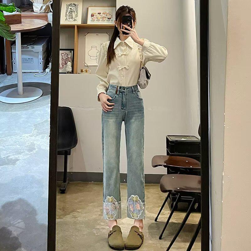 

Женские весенние жаккардовые джинсы прямого кроя укороченной длины с вышивкой XS