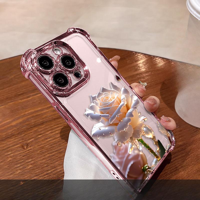 Crystal Rose Suitable for Iphone16 IPhone Case 15 High-end Sense 14promax Electroplated Flash Powder 13 Transparent