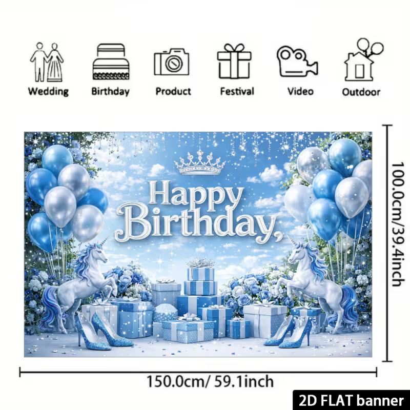 2D Blue Sky Unicorn Happy Birthday Photography Banner