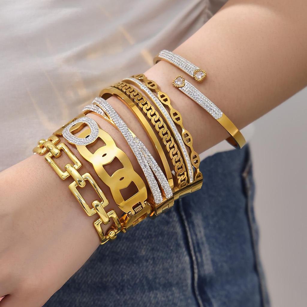 18k Gold Plated Stainless Steel Zircon Geometric Bracelet with Openable NK Chain, Super Shiny Light Luxury Style.