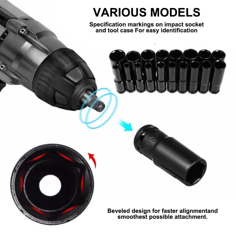 1/2” Impact Socket Set 20pcs Drive Hex Spanner Deep Sockets 8-32mm Pneumatic Wrench Head Tire Removal Tools