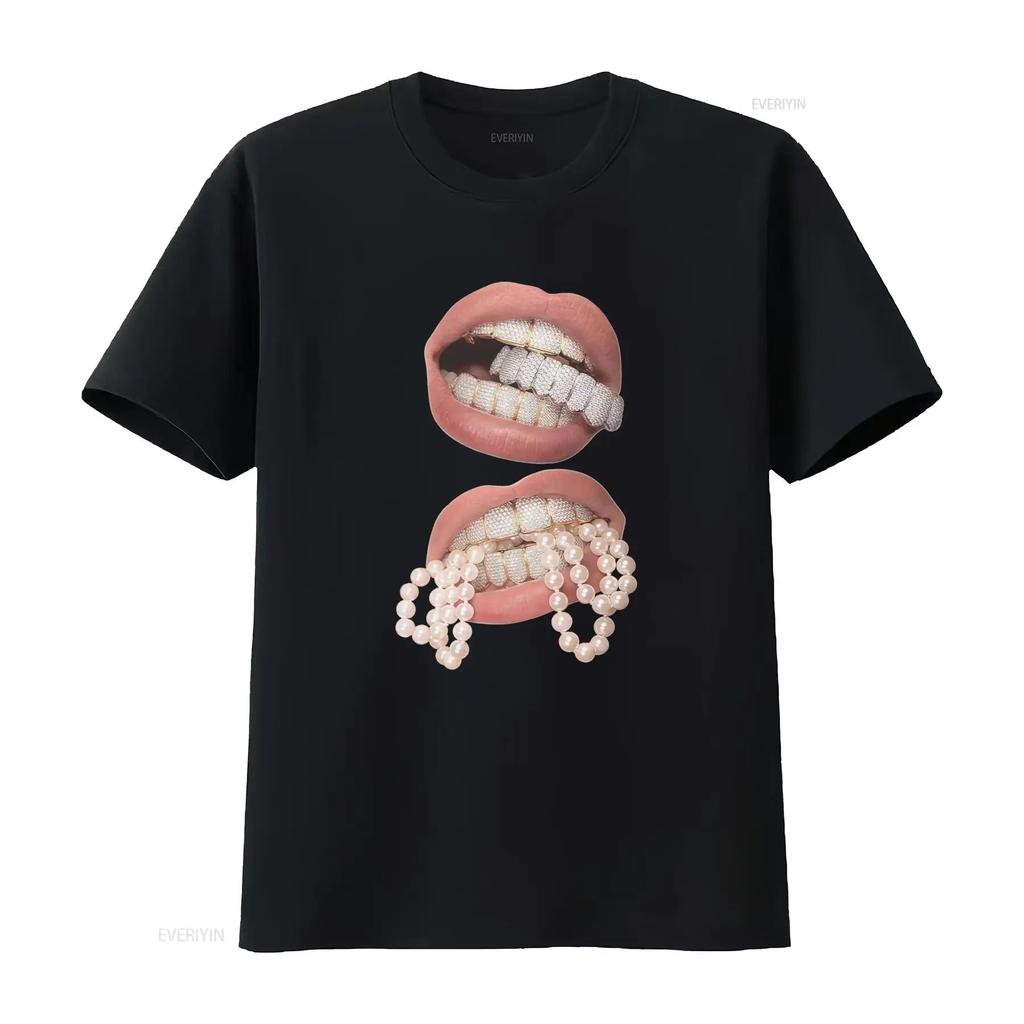 Doppie Perle Grillz Labbra Scatola T-shirt in Cotone Opium Y2K Moda Streetwear Girocollo vintage Lavata Morbida Casual streetwear
