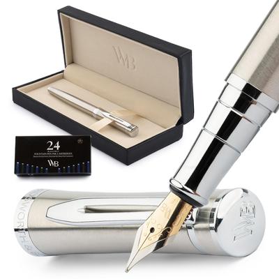 Wordsworth Black Fountain Pen 18K Fine Ink Ink Refill Converter Gift Gold Ideal for Men and Women & Set, Gold-Plated Nib, 24-Pack Cartridges, & Box,