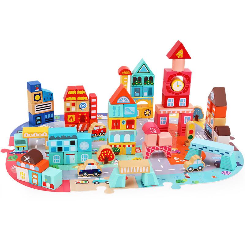 City Construction Children's Wooden Building Blocks Toys Baby Puzzle Pile Hands-on Brain Theme Barrel