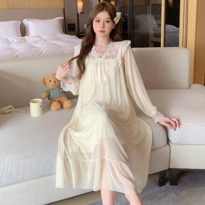 

Осенняя кружевная сетчатая ночная рубашка принцессы с нагрудной подкладкой, длинный рукав 175(XXL)