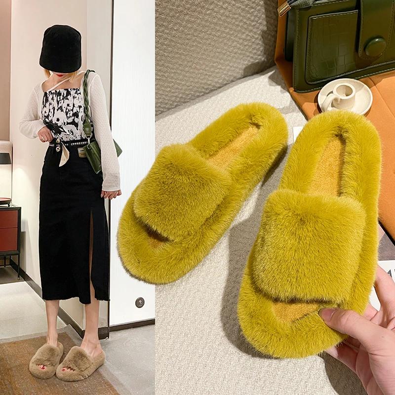

Flat with Winter Slippers for Women 2024 Hot Sale Solid Cow Suede Ladies Shoes Short Plush Rubber Women s Slippers Zapatos