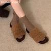 Fur Flats Women Slippers Designer Square Toe Short Plush Casual Shoes 2025 Trend Walking Cozy Home Winter New Mujer Zapatillas