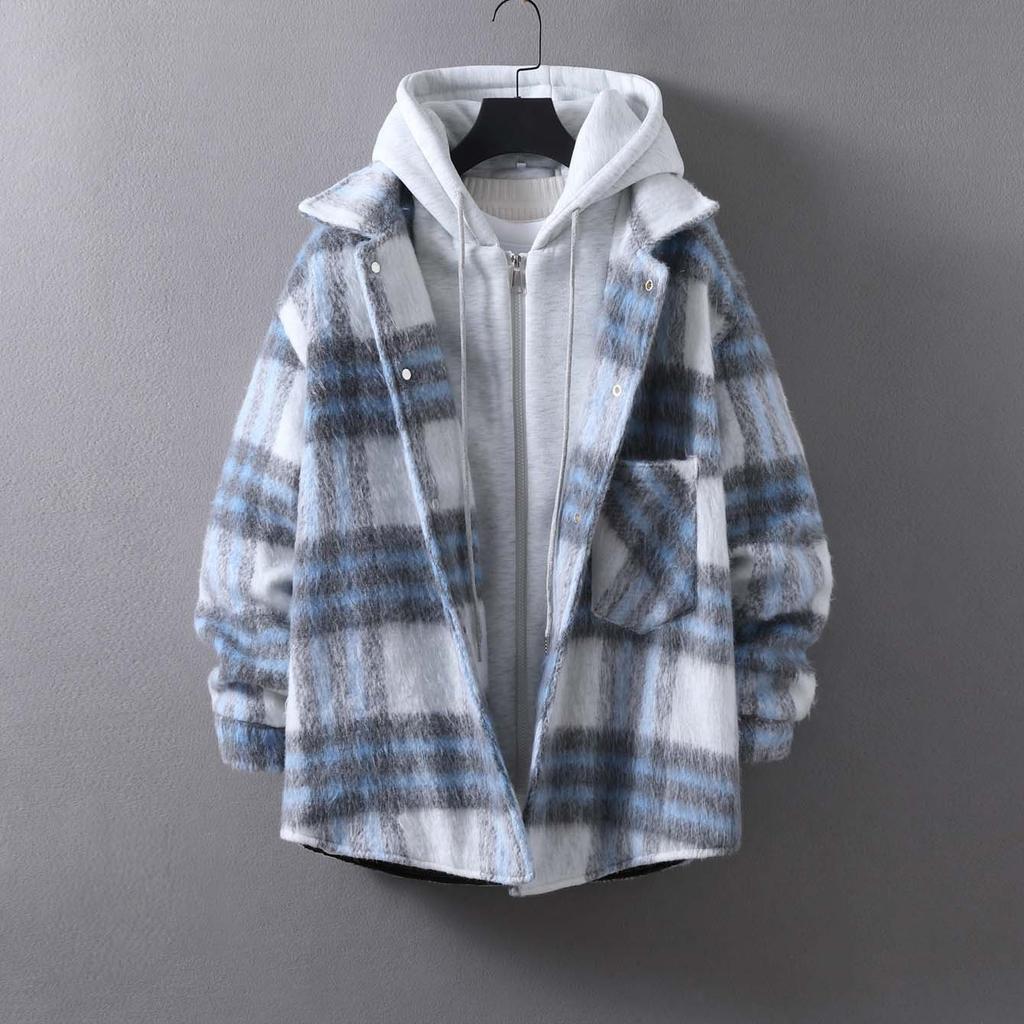 Autumn and Winter Woolen Plaid Thickened Fake Two-piece Casual Hooded Cotton Coat Loose Top for Men