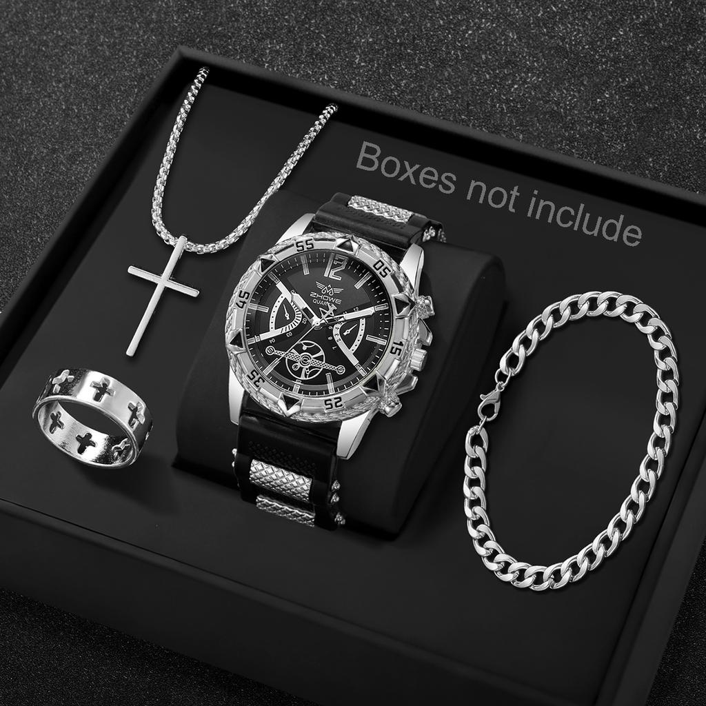 Xiaomi 4PCS Fashion Arabic Dial Men Business Quartz Watch CasuSilicone Strap Wristwatch With Necklace Set Reloj Hombre (Without Box)