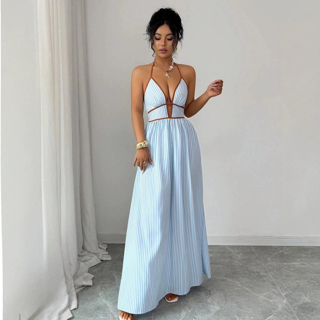 2025 New European and American Holiday Style Striped Neck Halter Dress Summer Slim and Thin Dress