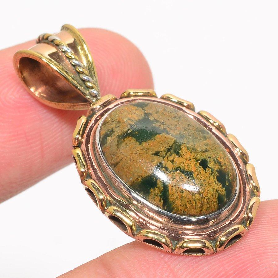 Natural Rhyolite Gemstone Two Tone 925 Solid Sterling Silver Pendant 1.50'' N8i35