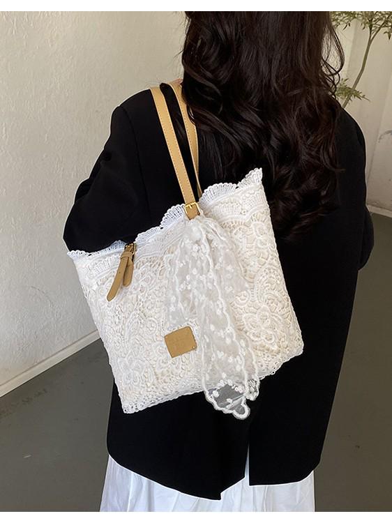 Women's Retro One-Shoulder Lace Hollow Handbag - Large Capacity, Light Luxury Vacation Tote