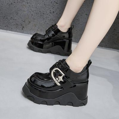 Plateau-Loafer Damen 2025 Frühling neu Klettverschluss innen höhenerhöhende Damenschuhe Britischer Stil runde Spitze vielseitige kleine Lederschuhe