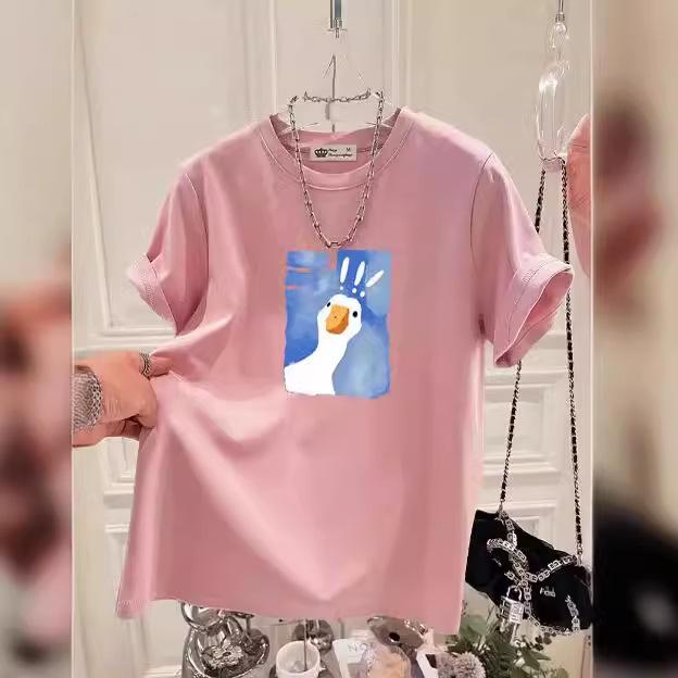 Cartoon Printed Short-sleeved T-shirt for Women In Summer New Fashionable Age-reducing Large-shoulder Pure Cotton Top
