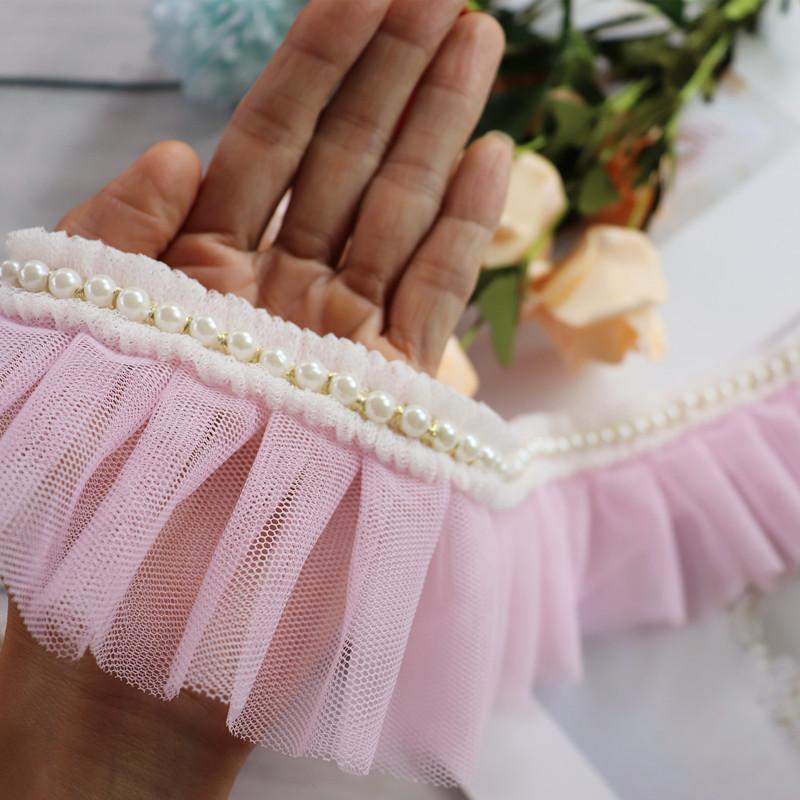 7cm Widened Pink Bead Ribbon Border Pleated Lace DIY Children's Clothing Collar Cuff Skirt Trim Sewing Decoration Accessories
