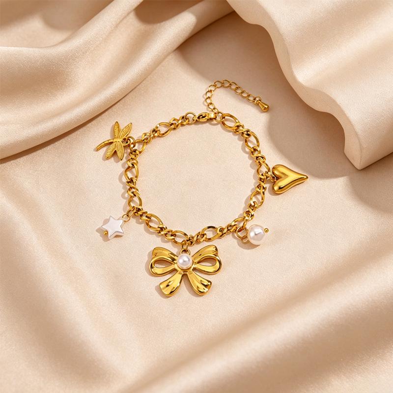 Women's European Retro Multi-Element Titanium Steel Bracelet with 18K Gold Plating and Pearl Accents