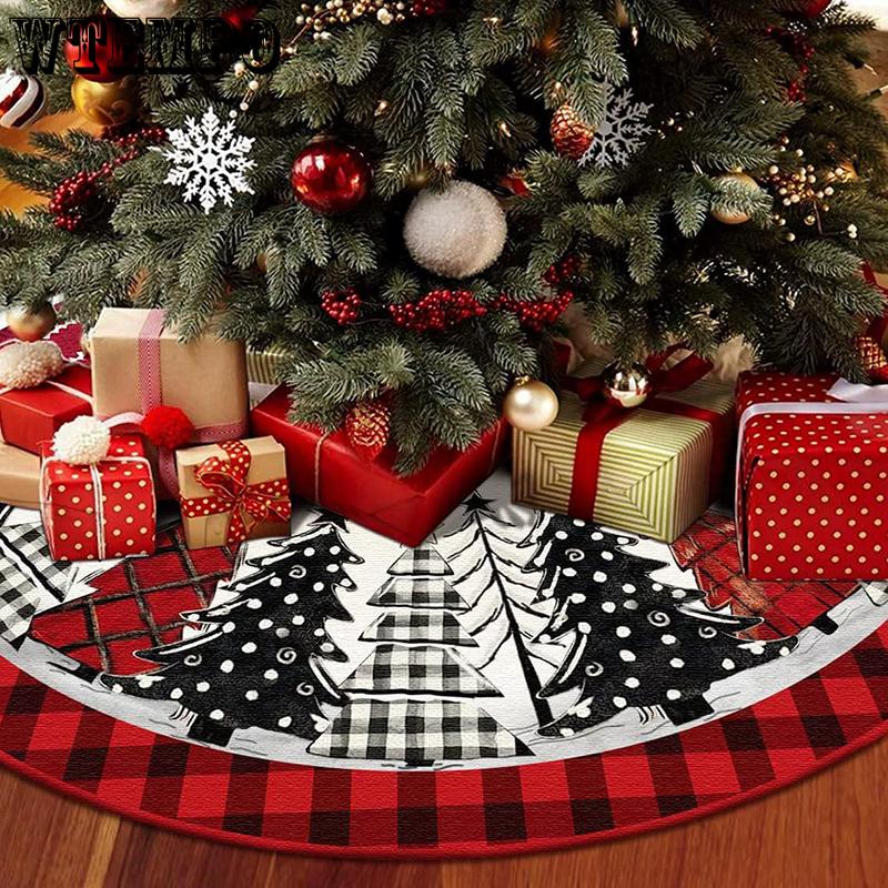 WTEMPO Christmas Tree Skirt Red/Black Christmas Tree/Plaid Patterns Printed Xmas Tree Skirt Winter Christmas Tree Mat for Home Indoor Outdoor Party
