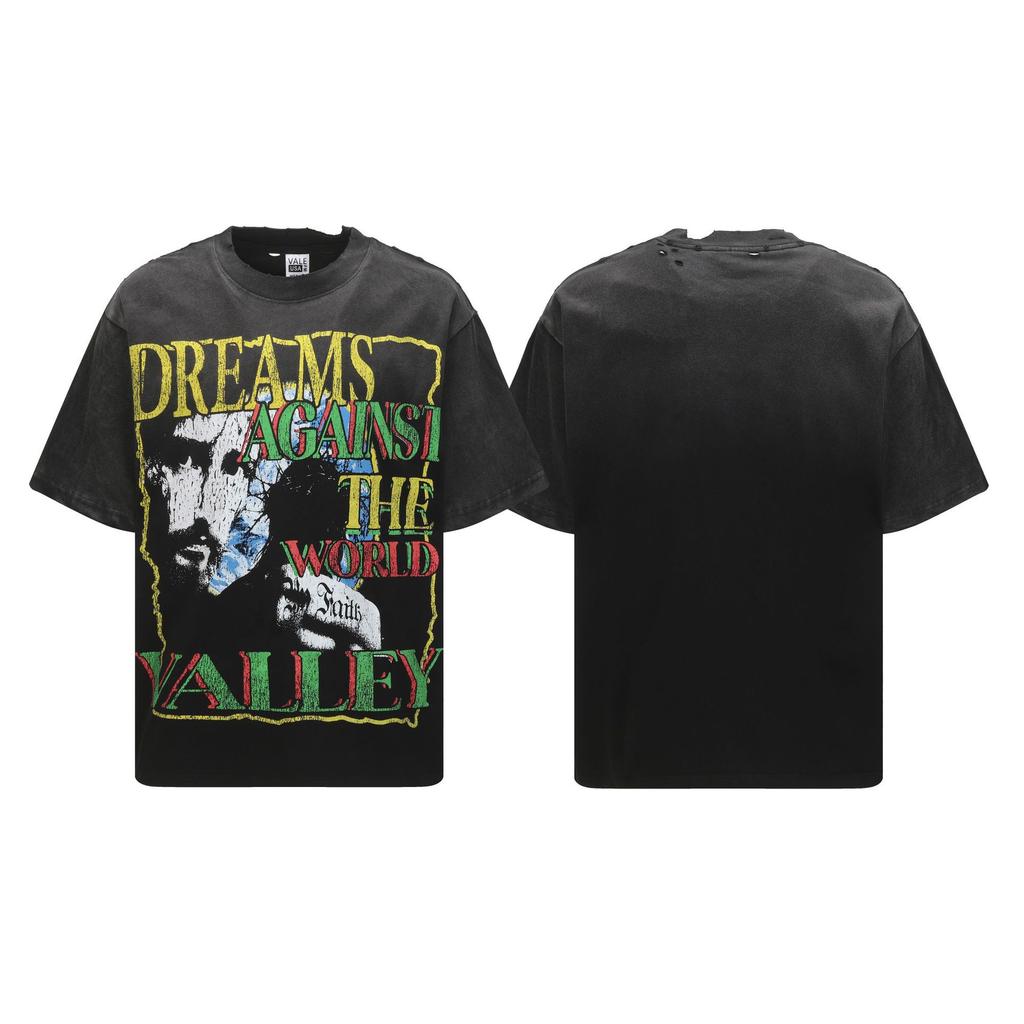 2025 Amerikanische trendige Marke Vall gewaschen alt bedrucktes kurzärmeliges Hip-Hop lockeres Streetwear-T-Shirt für Männer und Frauen