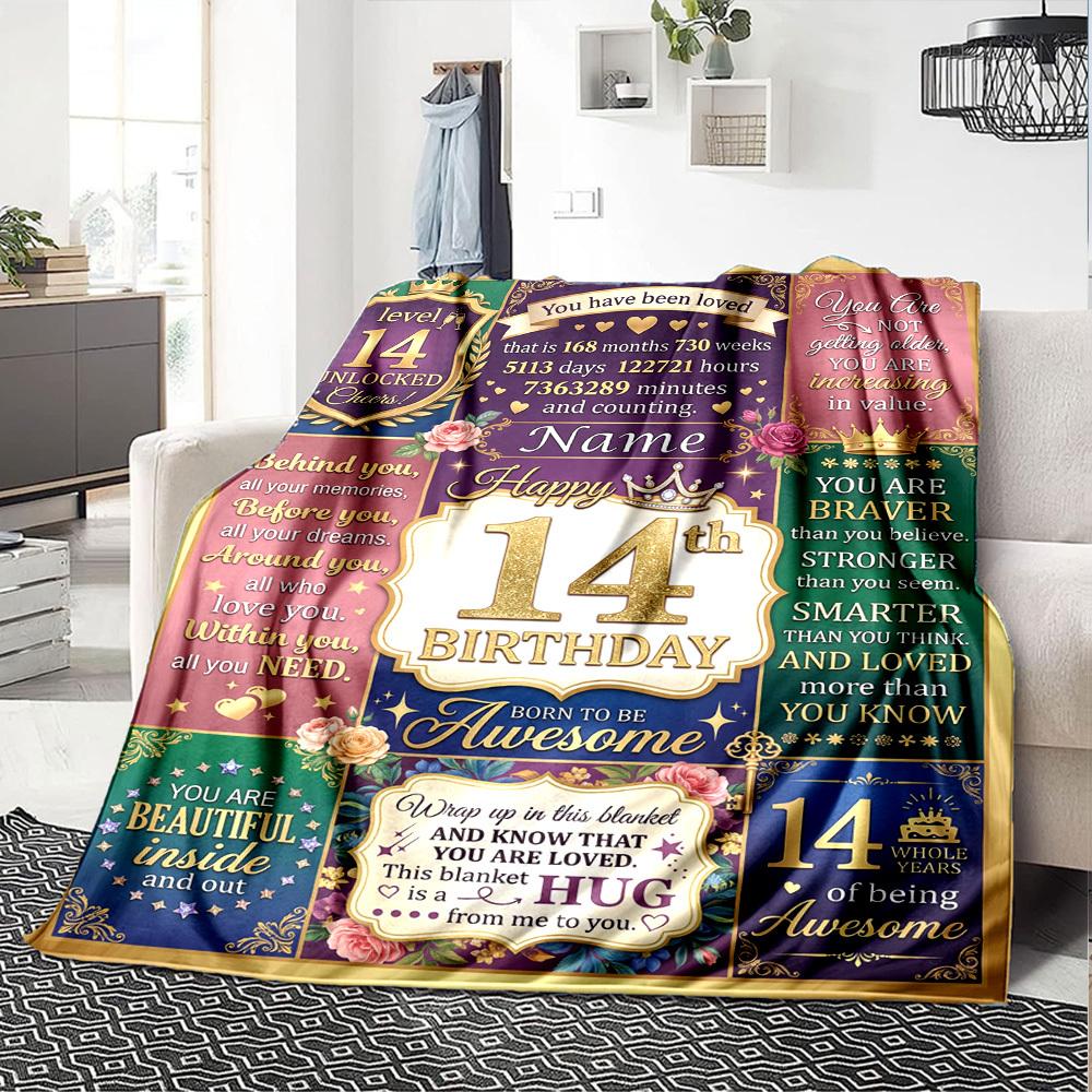 14Th Birthday Celebration Blanket Personalized Name Soft Warm And Versatile For Sofa Bed Office And Travel Machine Washable Comfortable In All Seasons