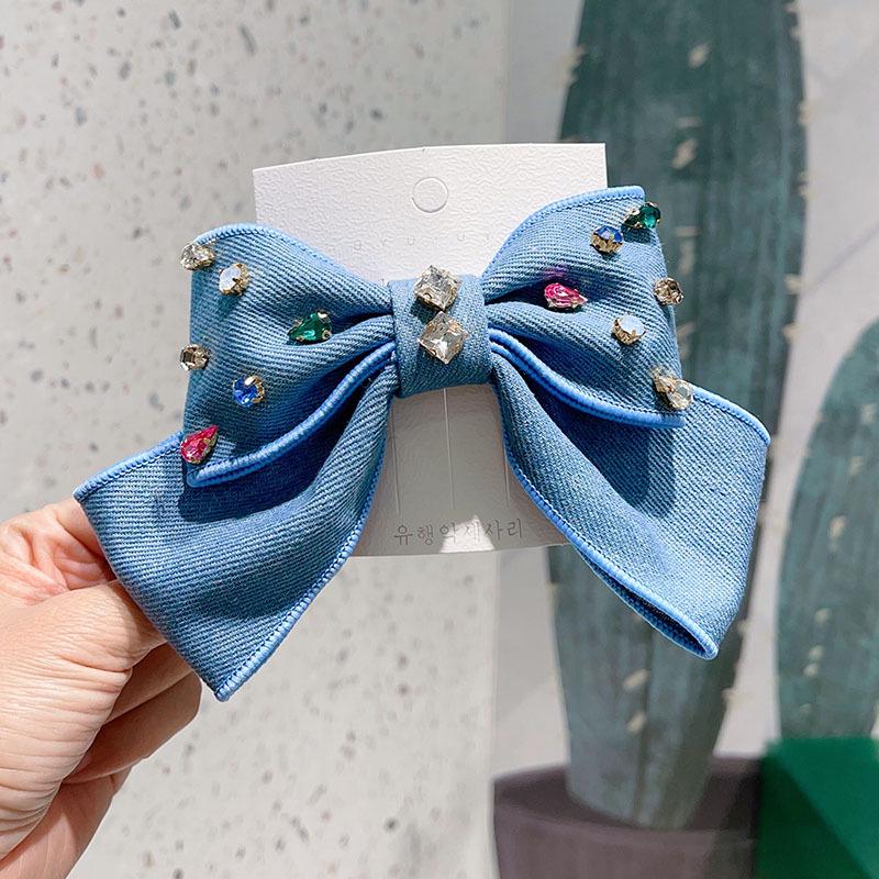 Korean Denim Bow Hair Clip with Rhinestones - Cute Princess Style Hair Accessory for Women