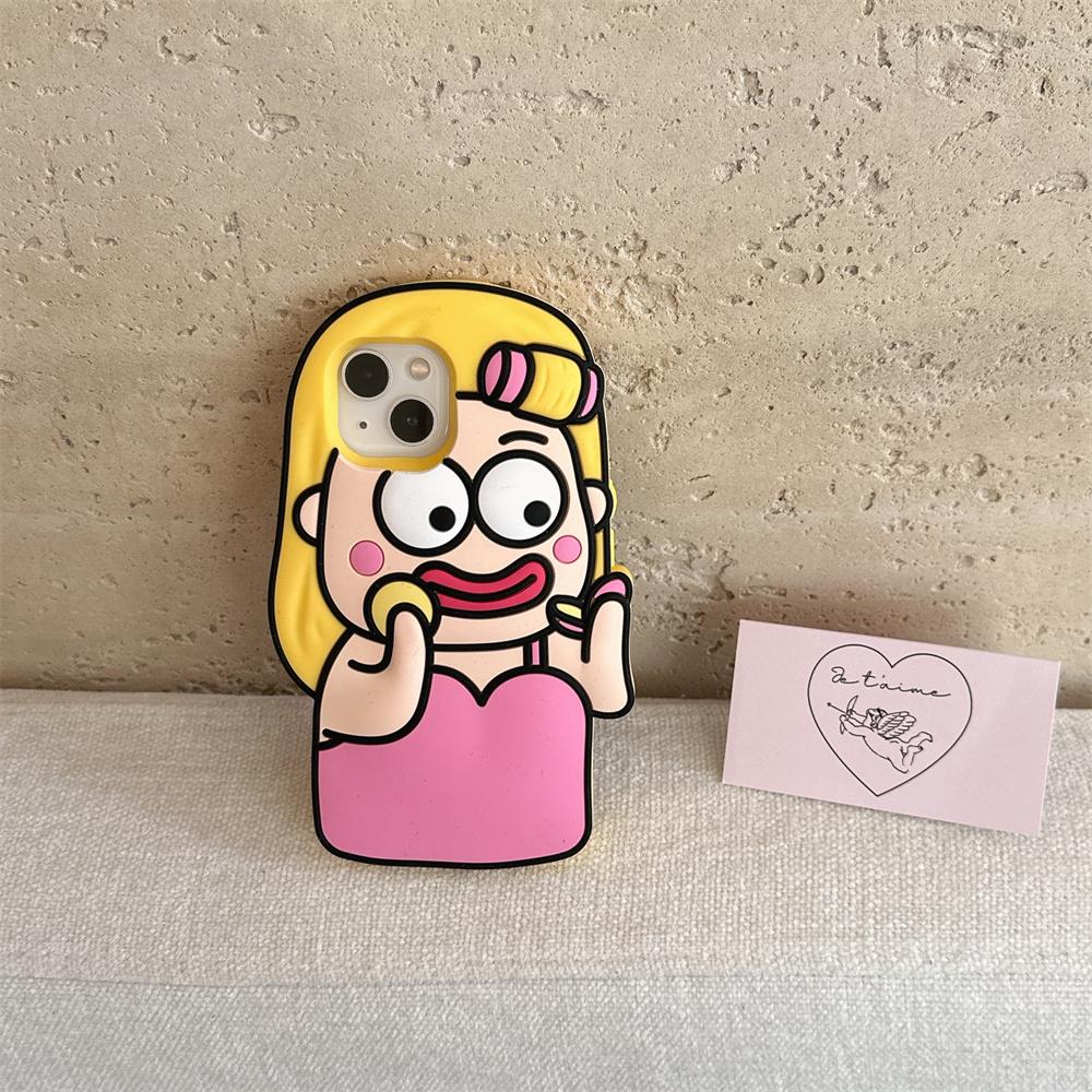 For iPhone 15 Silicone Case Cute Makeup Girl Design Shockproof Phone Back Cover