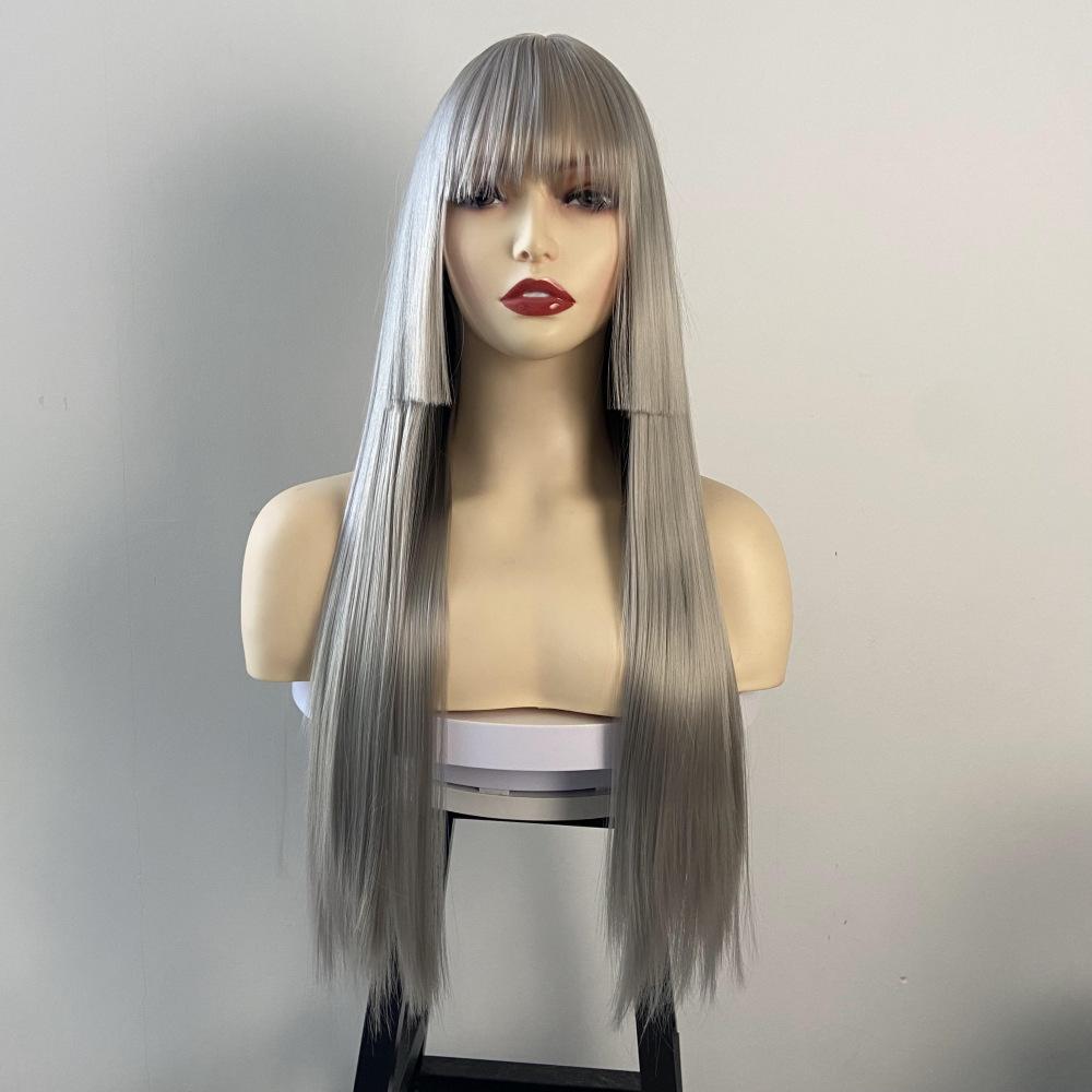 Qi Bangs Long Straight Wig Synthetic Full Head Cover Purple Hime Style Colored Hairstyle Set