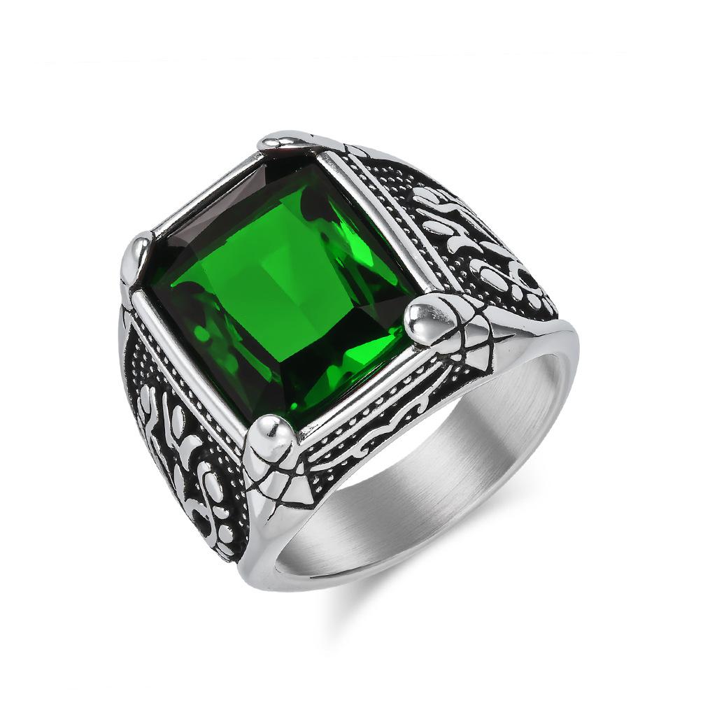 Vintage Tulip Men's Ring Stainless Steel Thumb Ring with Inlaid Glass Gemstone Retro Aesthetic Jewelry for Him
