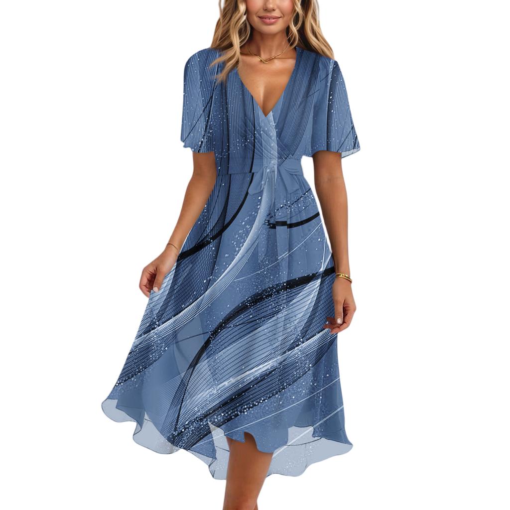 Dámské módní ležérní šaty s výstřihem do V, krátkým rukávem, volánky a vintage potiskem