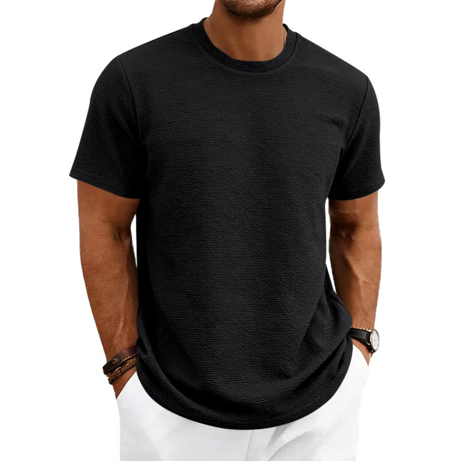 Men s Textured Fabric Loose Stretch Round-neck Short-sleeved Shirt L