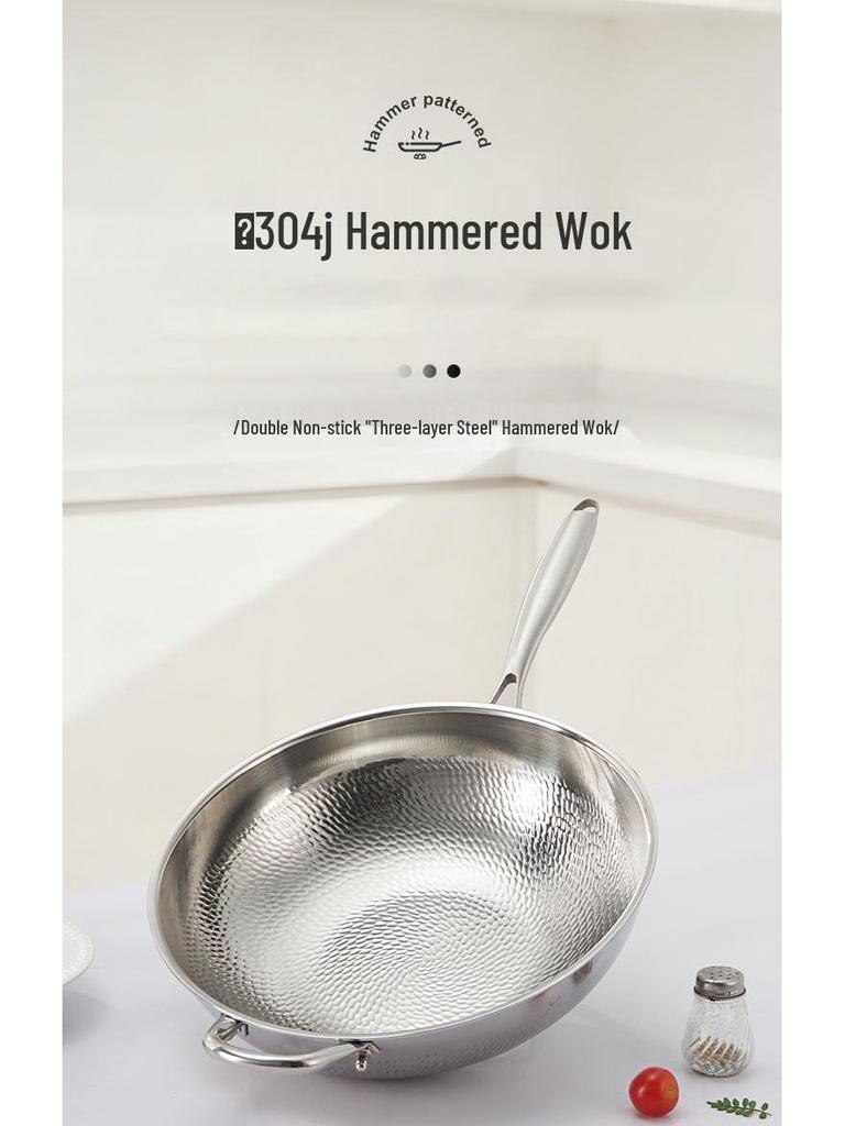 Non-stick 304 Stainless Steel Hammered Wok for Gas and Induction Cooktops