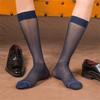 Mens Nylon Sheer Thin Suit Socks Business Dress Socks Blue Striped See Through Formal Dress Over the Calf Stockings