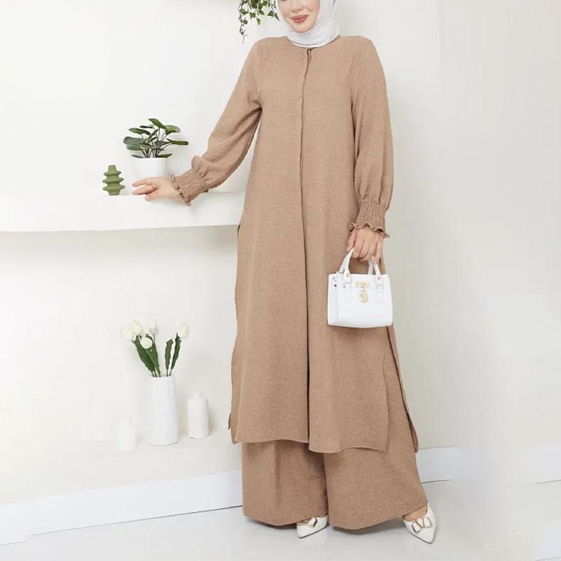 Elegant Women's Two-Piece Set: Long Sleeve Shirt & Wide-Leg Pants with Side Slit - Arabic Style