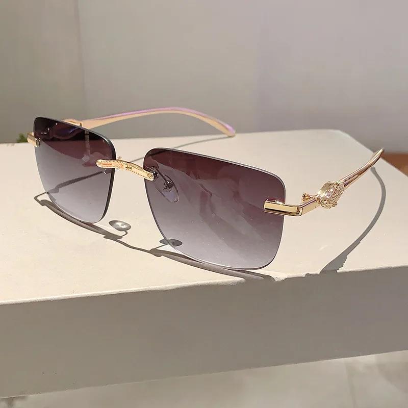 

New Luxury Brand Designer Vintage Rimless Square Sunglasses Women For Men Sun Glasses Trend Punk Popular Gold Leopard Shades