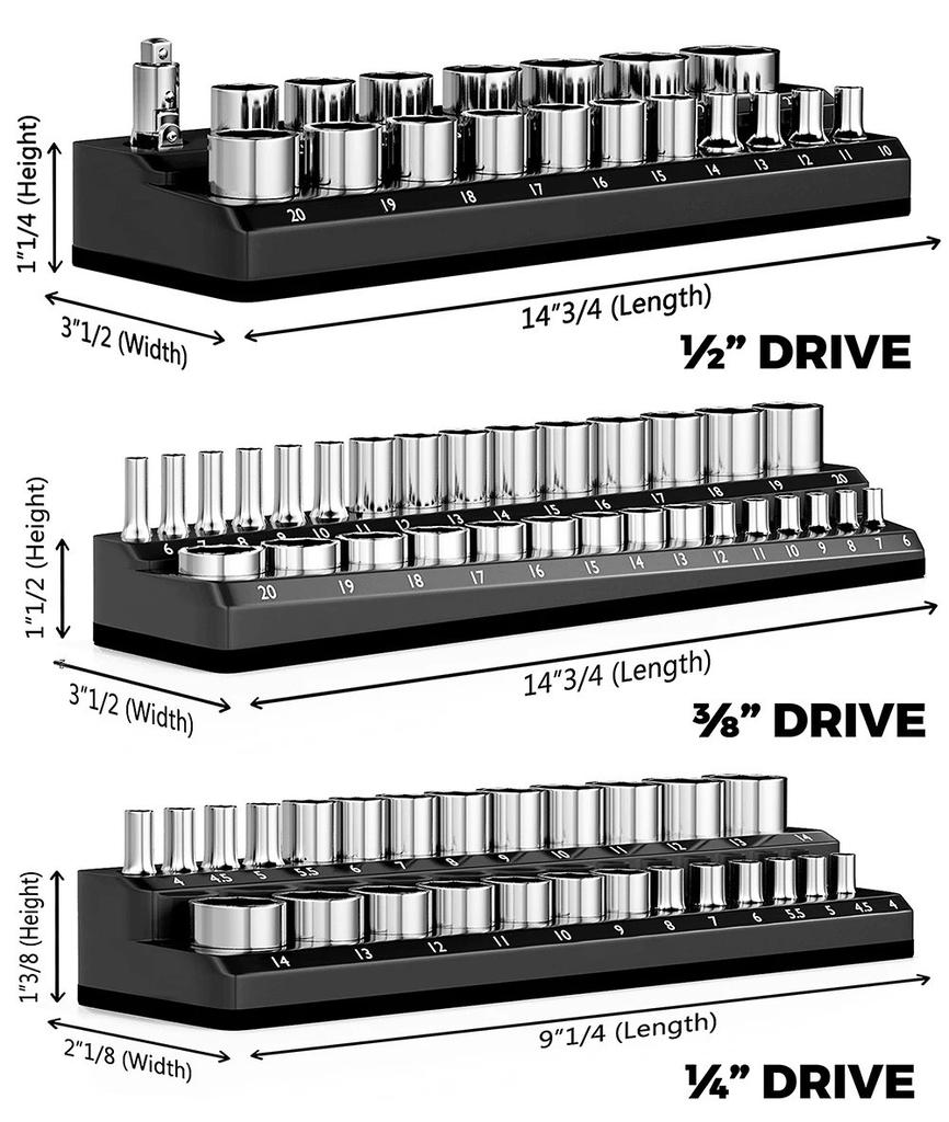 6-Piece Magnetic Socket Holder Set, Plastic Socket Organizer Tray with Magnetic Strips, Metric and SAE Sizes