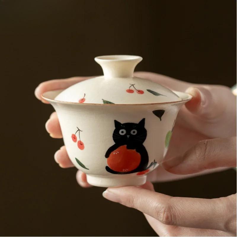 New Hand Painted Orange Cat Gaiwan Cute Ladies Tea Bowl Heat Resistant Kung Fu Tea Set Brewing Cup Exquisite Household Tea Set