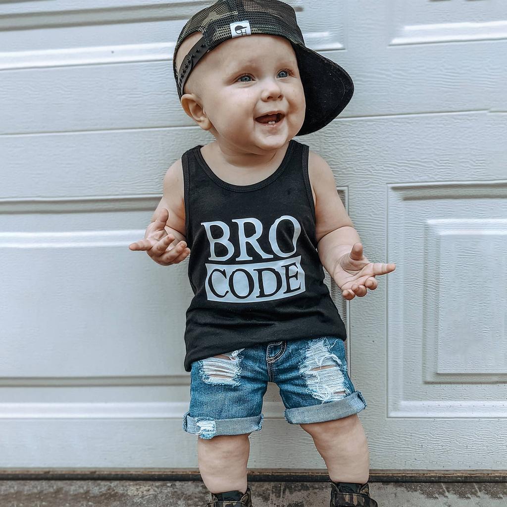 Baby Toddler Boys Summer Outfit Set Round Neck Sleeveless Letter Print Tank Tops with Ripped Denim Shorts