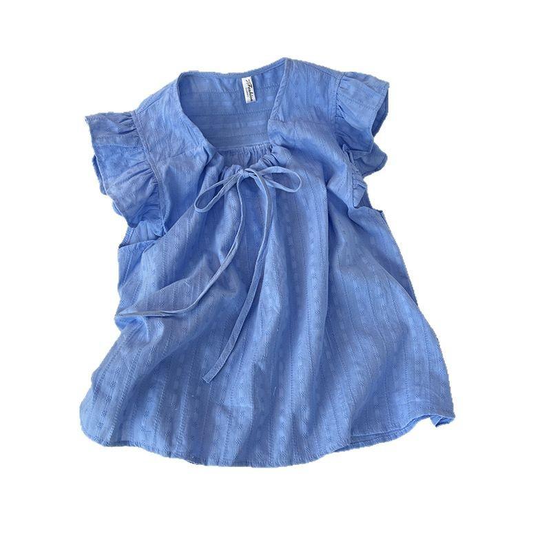 French v-neck fungus edge small flying sleeve shirt women's summer design sense niche chic lace-up loose doll shirt top