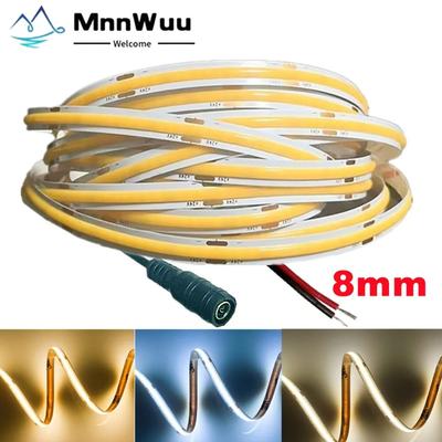 Striscia LED COB ultra sottile 12V 24V 8MM luce a nastro con spina DC / filo a 2 pin dimmerabile illuminazione lineare decorazione della lampada ad alta densità