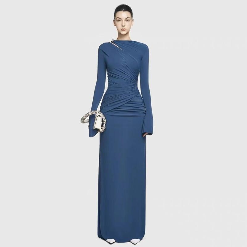Herbst Neue Mode Temperament Langarm Elegant Falten Taille High-End Kleid