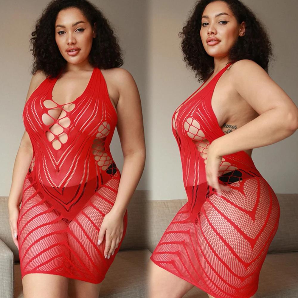 Sexy Lingerie Fishnet Dress Hollow Out Mesh Hot Bodycon Dress Women Transparent Lace Sexy Babydolls Sleepwear Night Dress