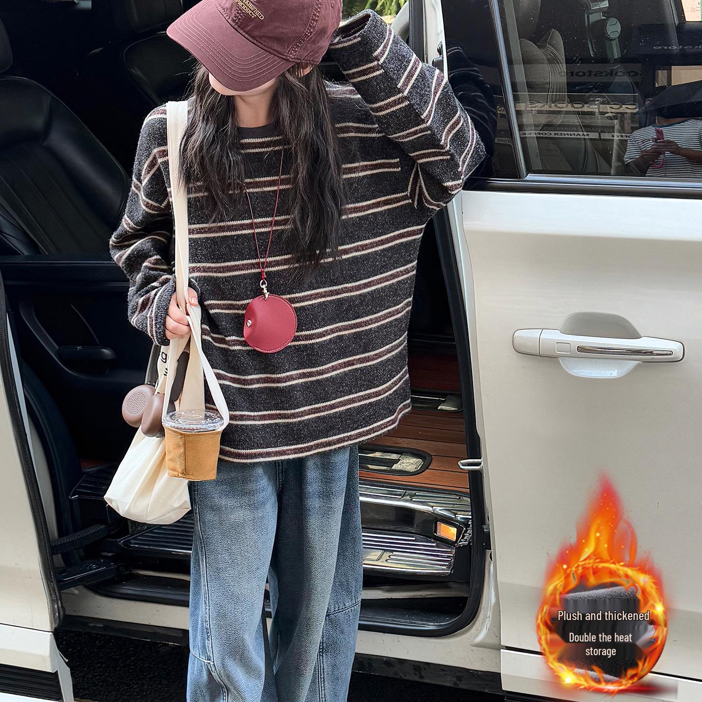 

Полосатый флисовый свитшот для девочек - Теплый топ в корейском стиле для осени/зимы - Идеально подходит для старших детей и учениц средней школы 150 cm